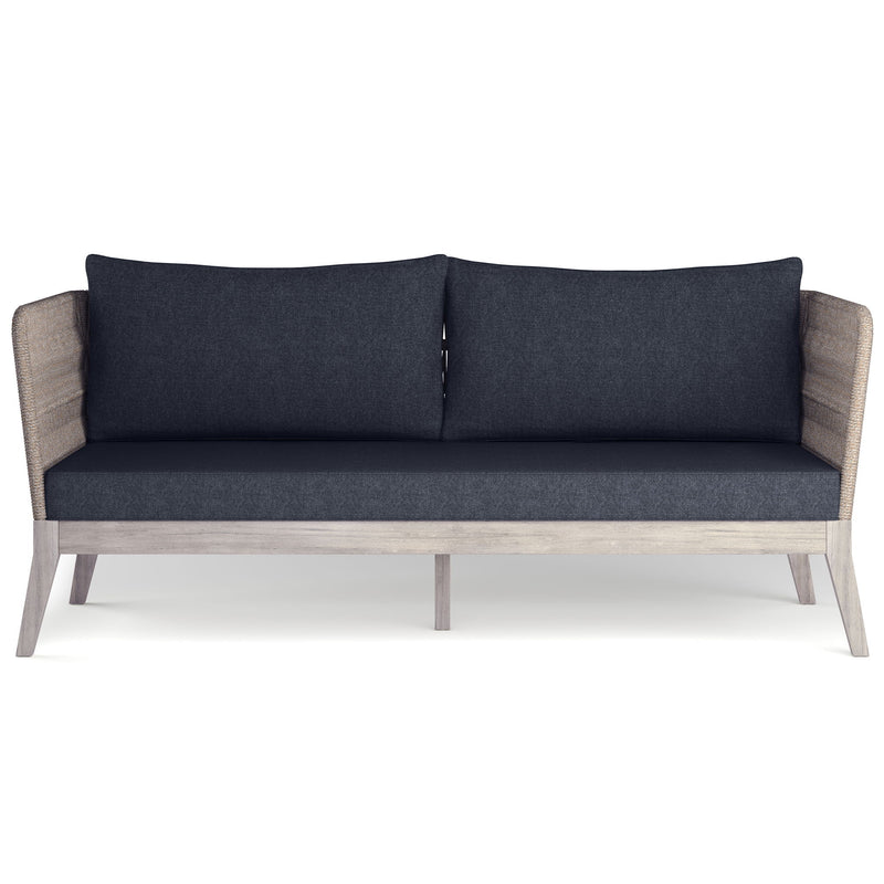 Simpli-Home Santiago outdoor sofa in slate gray with cushioned seating and armrests, ideal for patio or garden lounging.