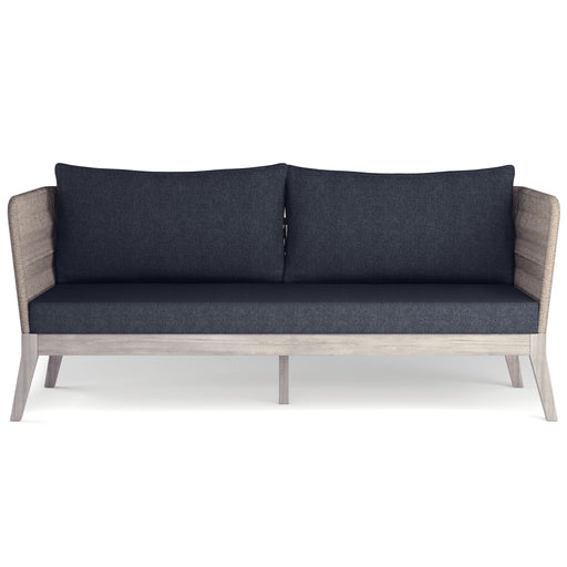 Simpli-Home Santiago outdoor sofa in slate gray with cushioned seating and armrests, ideal for patio or garden lounging.