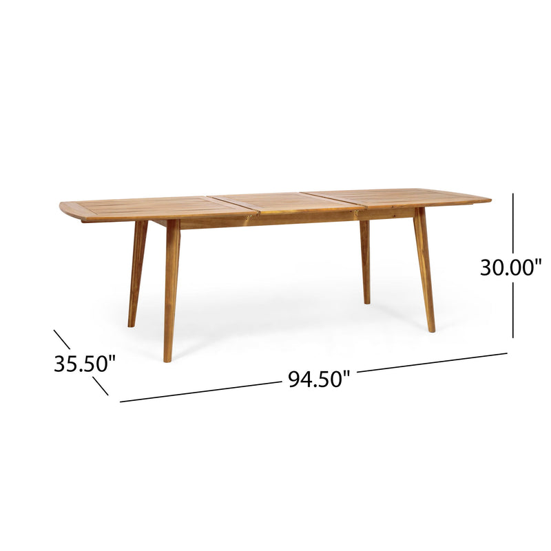 Noble House Placidity outdoor expandable dining table with slatted tabletop and tapered legs, suitable for outdoor dining spaces.