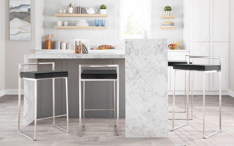 Lumi Source Fuji contemporary stackable barstool set with sleek design and wooden legs, shown in a modern indoor setting.