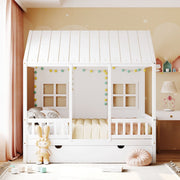 DreamHaus house bed with twin size trundle and daybed, featuring a cozy design and sturdy wooden frame for kids' bedroom decor.