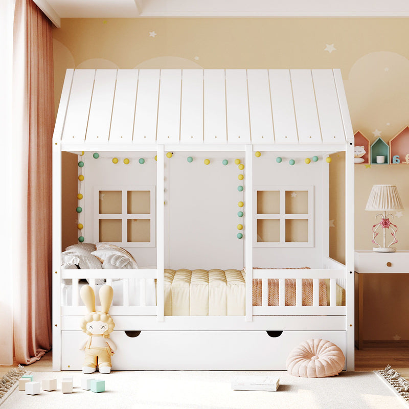 DreamHaus house bed with twin size trundle and daybed, featuring a cozy design and sturdy wooden frame for kids' bedroom decor.