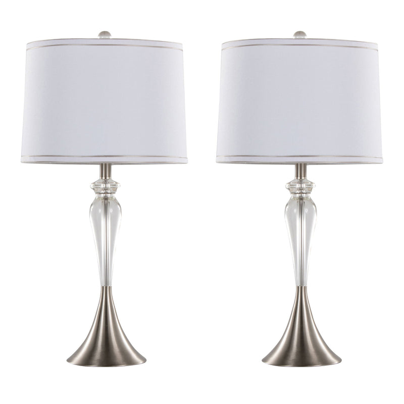 Lumi Source Ashland contemporary crystal table lamp set with clear crystal, nickel finish, and white shades on a modern table.