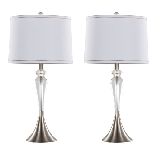 Lumi Source Ashland contemporary crystal table lamp set with clear crystal, nickel finish, and white shades on a modern table.