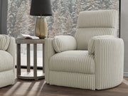 Parker Living Radius Power Swivel Glider Recliner chair in neutral fabric, showing plush cushioning and sleek design.