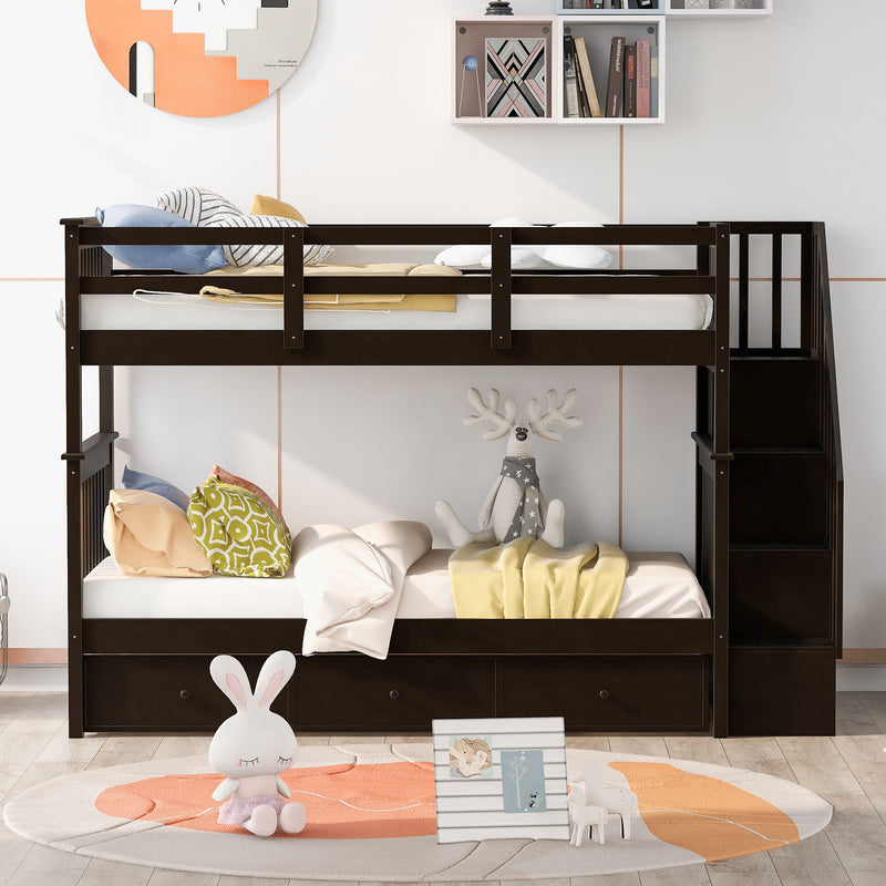 DreamHaus stairway bunk bed with built-in storage drawers, guard rails, and sturdy wooden construction for bedroom use.