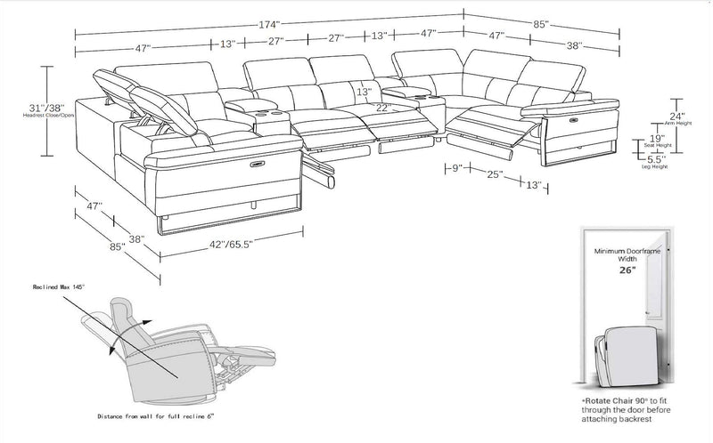 1246 - 8-Piece U-Shaped Modular Power Reclining Sectional With 4 Power Recliners And Power Headrest