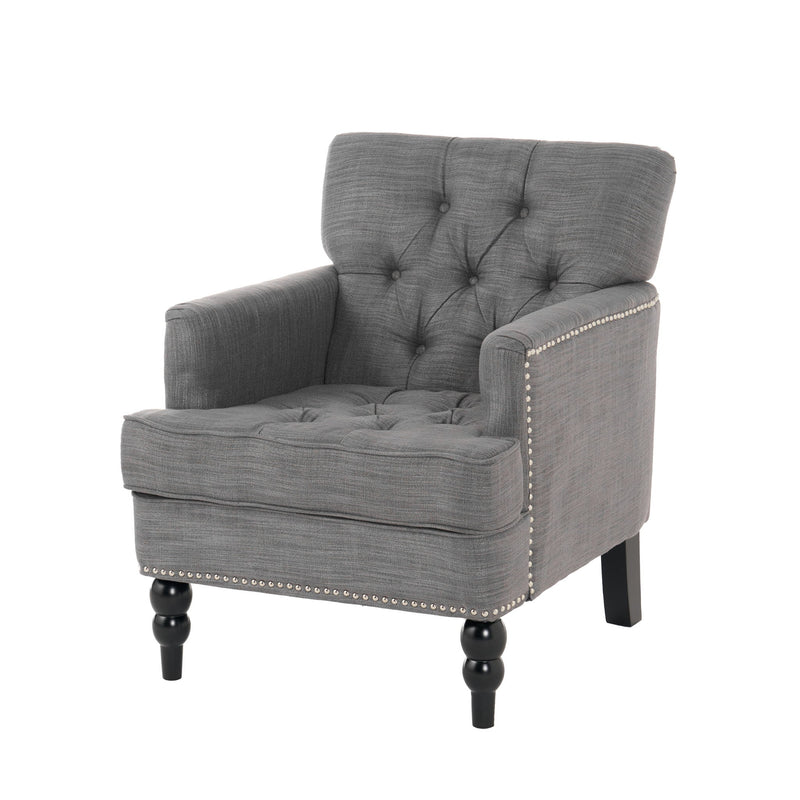 Noble House Harrison tufted arm chair with button-tufted back, plush upholstery, and birch wood legs for elegant living room seating.