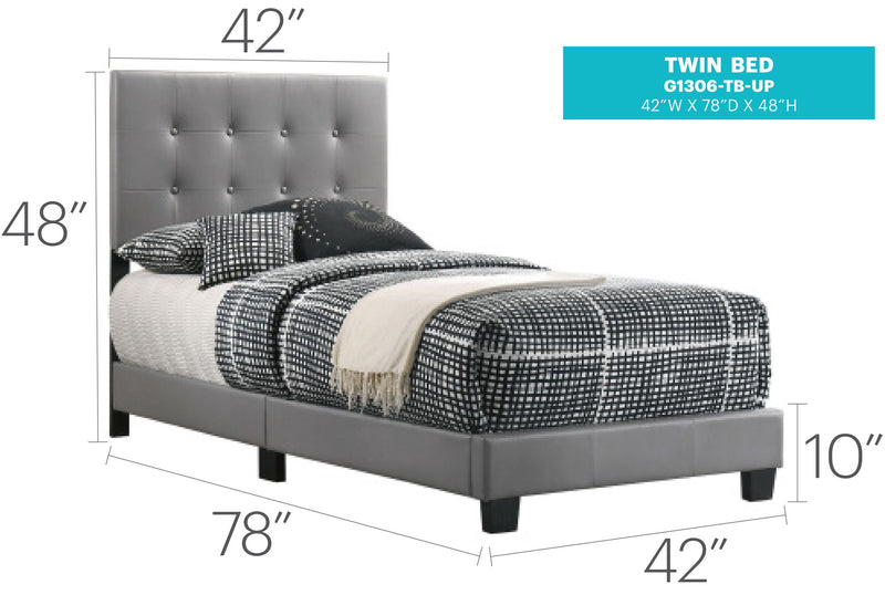 Upholstered Caldwell bed by Glory Furniture with a padded headboard and neutral fabric, shown in a modern bedroom setting.