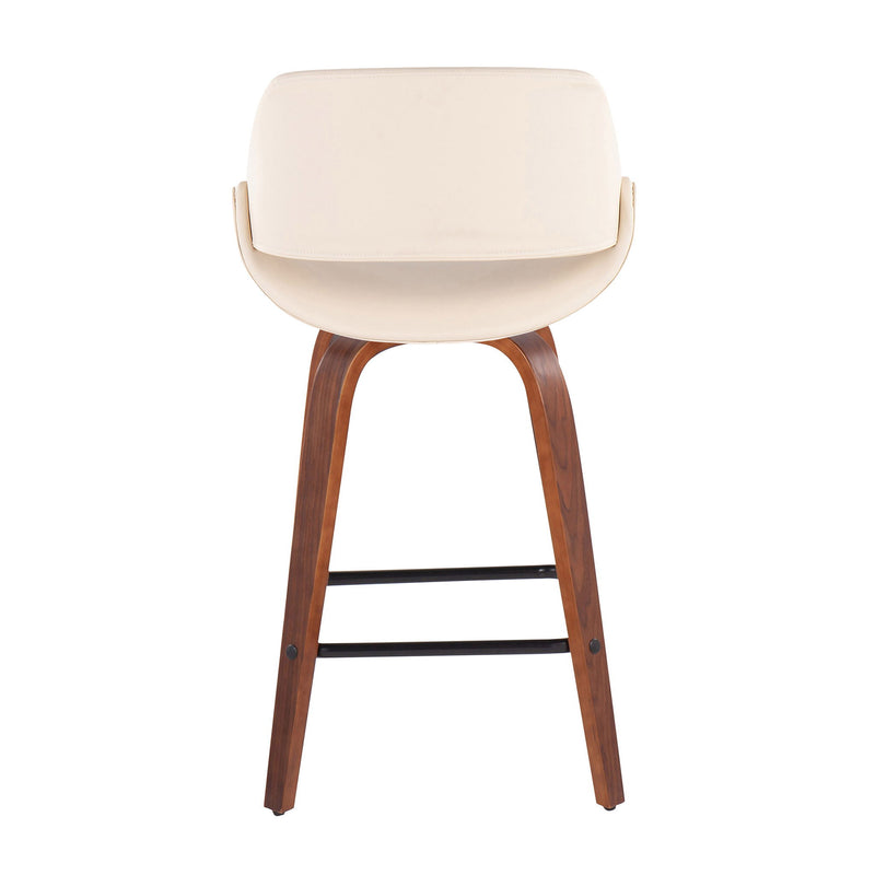 Lumi Source Fabrico Mid-Century Modern counter stool set with wooden legs and upholstered seats, two stools shown in the image.