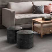 Simpli-Home Connor handcrafted round accent pouf with fabric upholstery and plush cushion for versatile seating and decor.