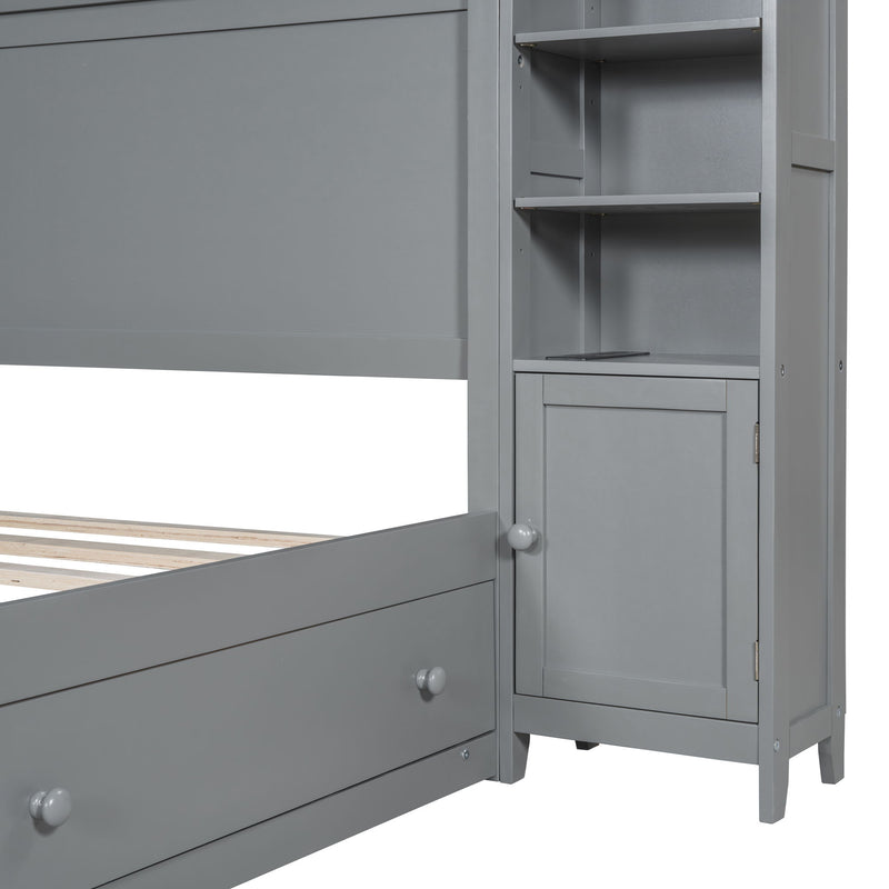 DreamHaus cabinet bed with integrated shelf, cabinet, and sockets, featuring a modern design and compact storage solution.