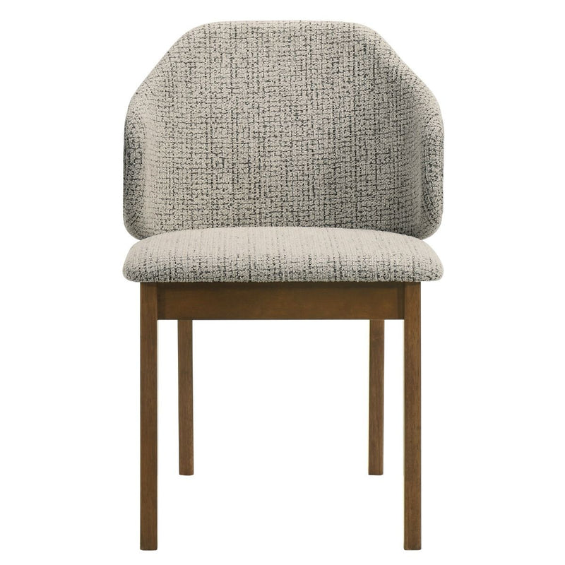 Set of two Oleia side chairs by ACME with chenille upholstery and walnut wood legs, showcasing modern dining chair design.