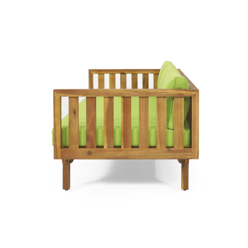 Noble House Claremont 3-seater teak acacia wood daybed with water-resistant cushions, ideal for outdoor lounging and relaxation.