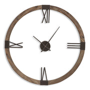Uttermost Marcelo modern wall clock with light brown wooden frame and minimalist design, hanging on a neutral wall.