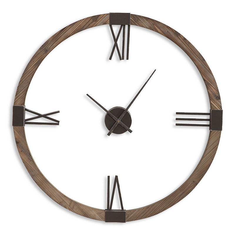 Uttermost Marcelo modern wall clock with light brown wooden frame and minimalist design, hanging on a neutral wall.