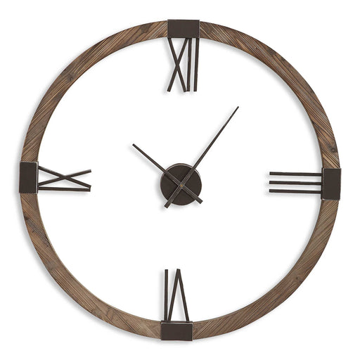 Uttermost Marcelo modern wall clock with light brown wooden frame and minimalist design, hanging on a neutral wall.