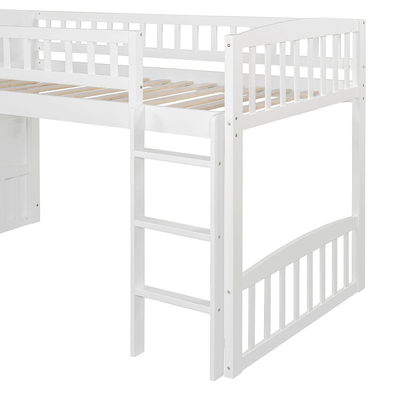 DreamHaus loft stairway bed with two drawers, convertible ladder, and slide for kids’ bedroom, showcasing its functional design.
