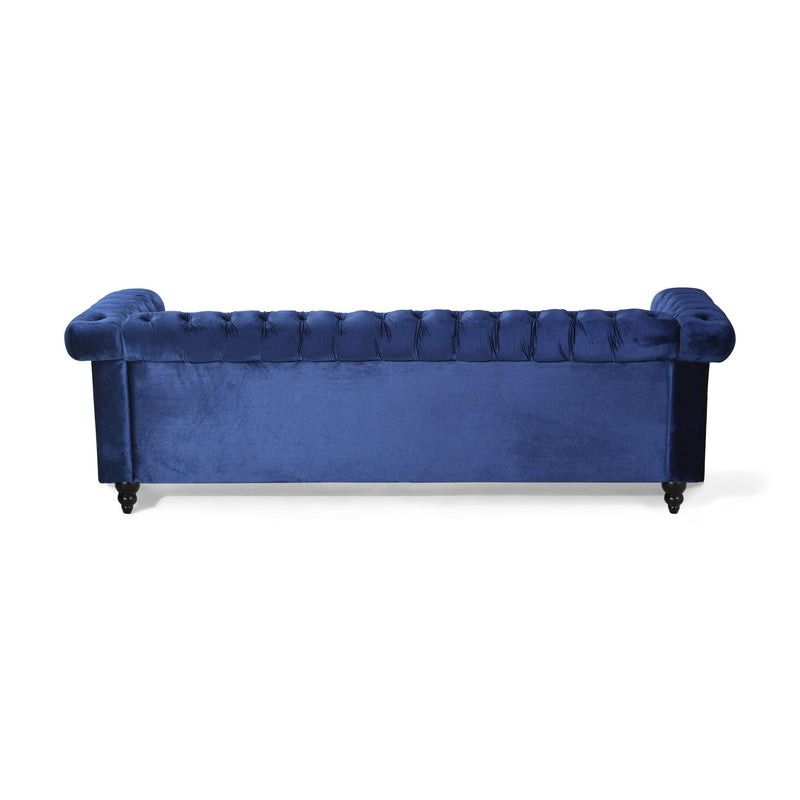 Noble House Chesterfield-style 3-seater sofa with deep button tufting and classic stationary design, upholstered in rich fabric.