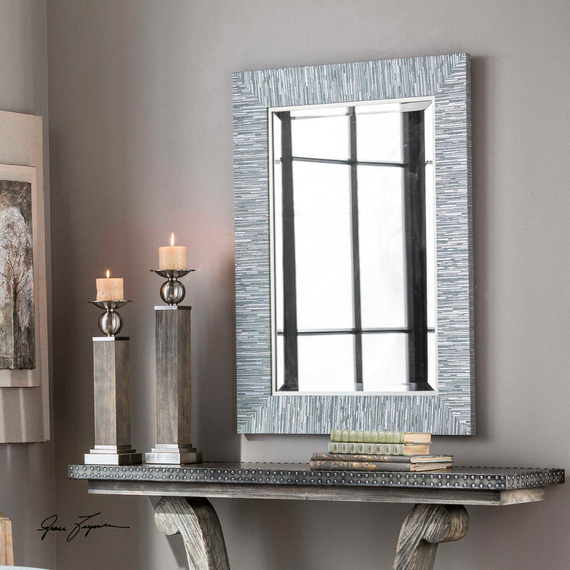 Gray wooden wall mirror by Uttermost, Belaya design, featuring a rectangular shape with a sleek, modern frame.