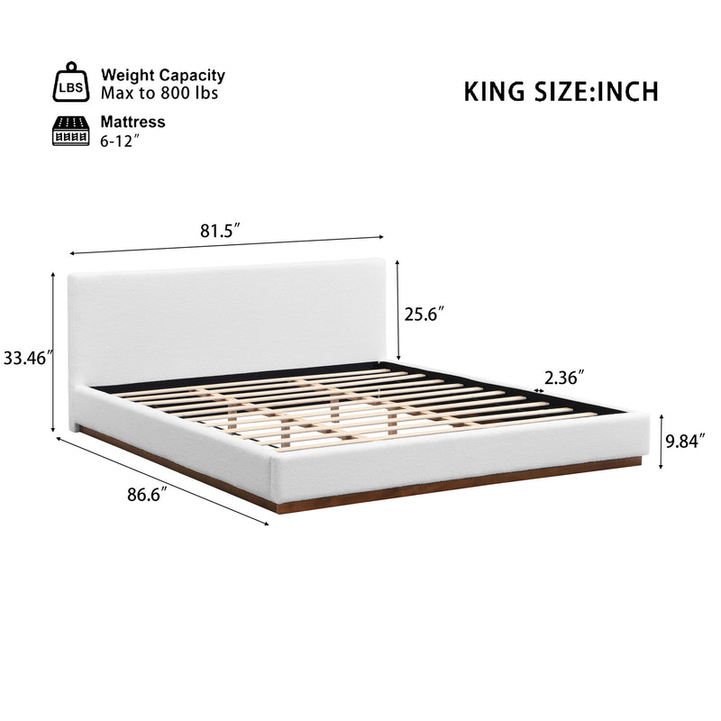 Elegant Noble House boucle upholstered bed with a wood grain textured solid wood base frame, showcasing plush fabric and sturdy design.
