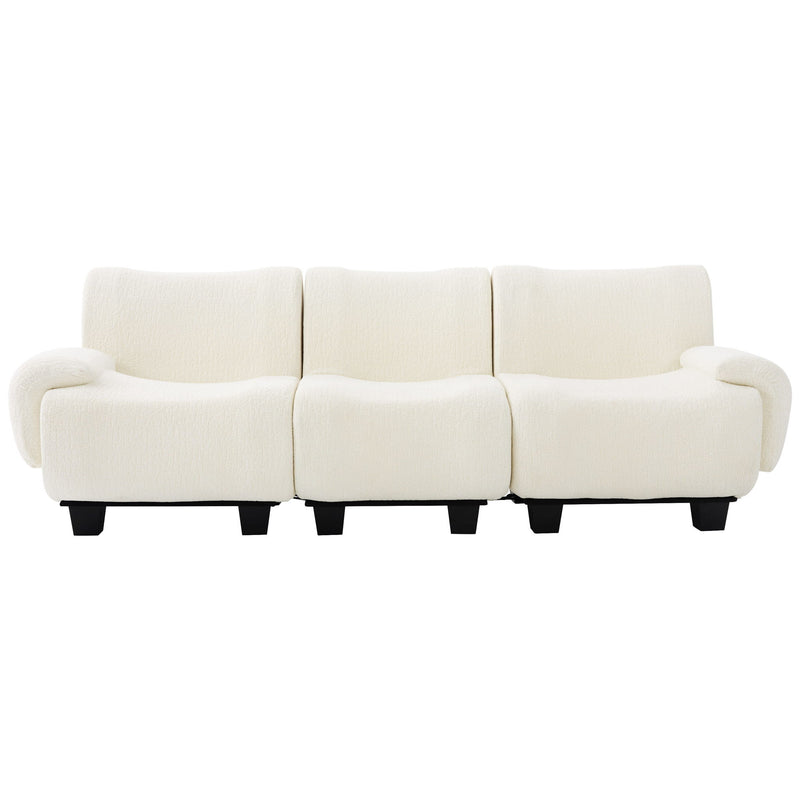 Noble House 3-seater sofa with curved armrests, stationary design, beige fabric upholstery, and plush cushioning.
