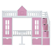 DreamHaus twin over twin bunk bed with changeable table, featuring upper bed and down desk for versatile space-saving sleeping area.