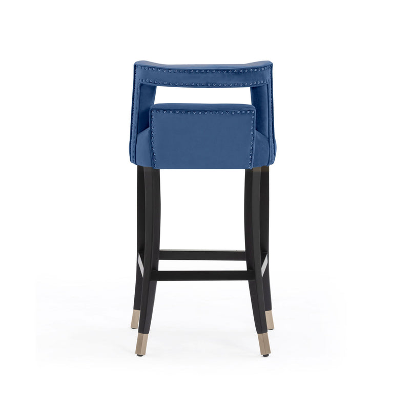 TOV Furniture Hart velvet bar height stool with gold metal legs, 28-30 inch height, soft plush upholstery, modern design.