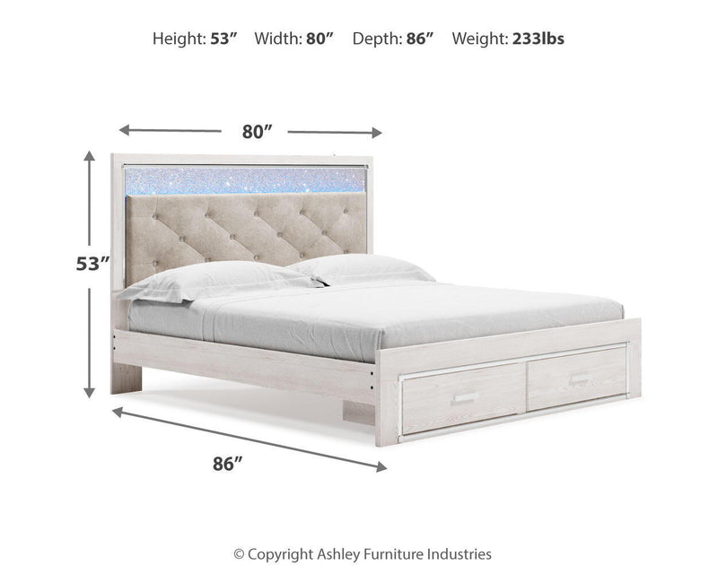 Altyra King Upholstered Storage Bed by Signature Design Ashley in white with a padded headboard and built-in storage drawers.