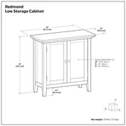 Redmond handcrafted low storage accent cabinet by Simpli-Home with two doors and a rich wood finish, ideal for living room or hallway.