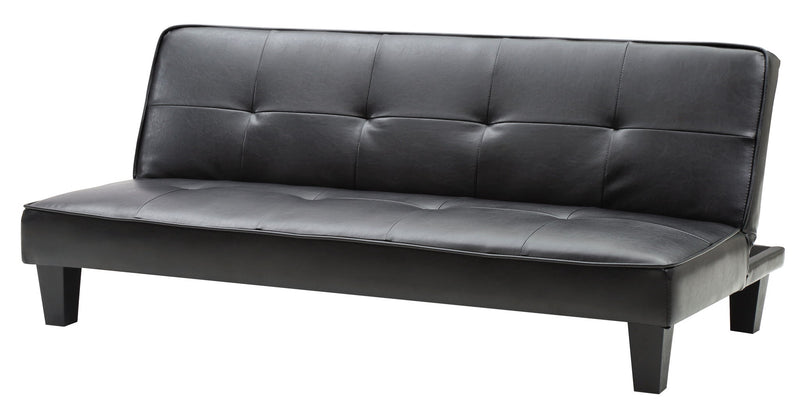 Glory Furniture Alan futon sofa bed with beige fabric upholstery, compact design, and cushioned seating in a modern living room setting.