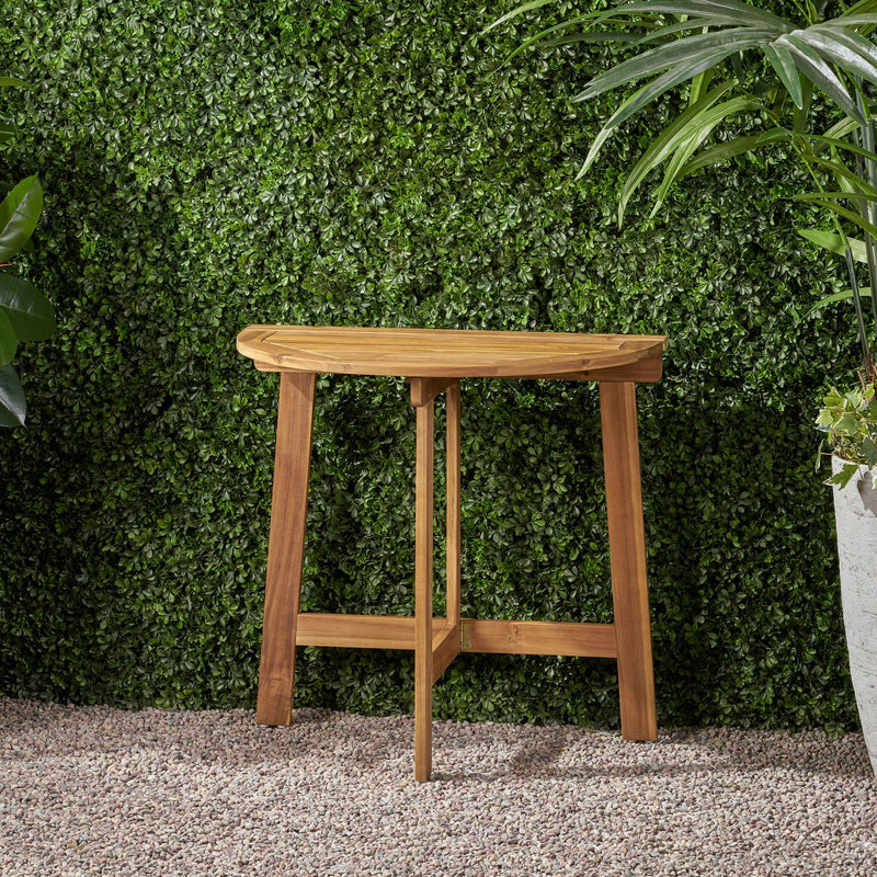 Outdoor Noble House Half Round Folding Acacia Wood Bistro Table with smooth surface and foldable design for patio or garden use.