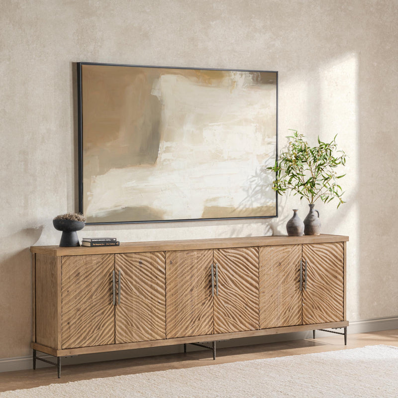 Classic Home Edison 6-door Sandy Cove buffet cabinet with wood finish and spacious storage, showcasing natural wood grain details.
