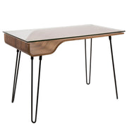 Lumi Source Avery Mid-Century Modern Walnut and Black writing desk with clear glass top and sleek wooden legs.
