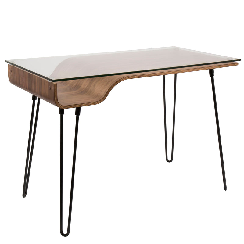 Lumi Source Avery Mid-Century Modern Walnut and Black writing desk with clear glass top and sleek wooden legs.