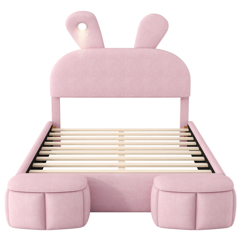 Full Upholstered Platform Bed With Cartoon Ears Headboard And LED Light - Pink - R&R Furniture Gallery (Fountain Valley, CA)