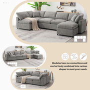 Luxe & Co. Modern modular cloud sofa bed with six seats, U-shape sectional couch, and ottoman in a stylish living room setting.