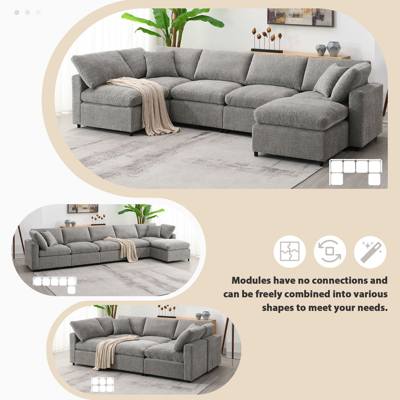 Luxe & Co. Modern modular cloud sofa bed with six seats, U-shape sectional couch, and ottoman in a stylish living room setting.