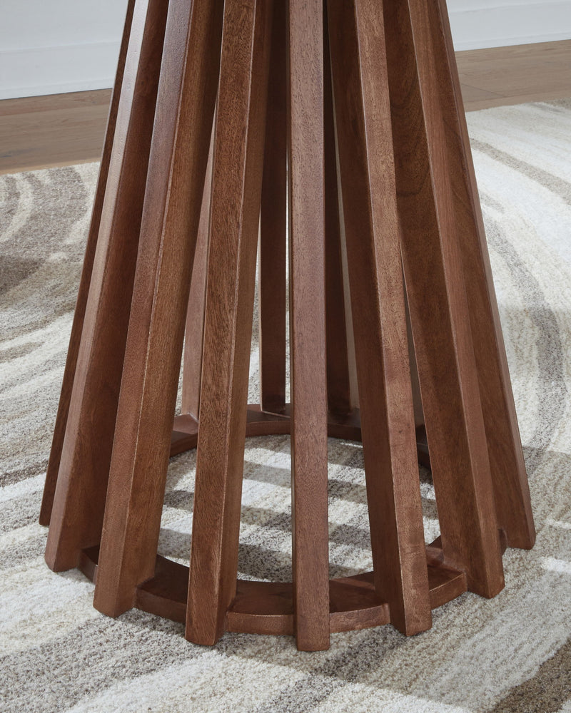 Kallari - Round End Table - Warm Brown / Black - R&R Furniture Gallery (Fountain Valley, CA)