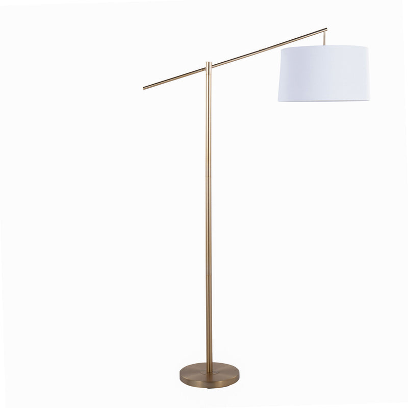 Lumi Source Casper contemporary floor lamp with a sleek metal base and a cylindrical fabric lampshade in a modern living room setting.