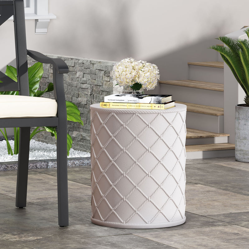 Outdoor antique white end table by Noble House with a classic design, featuring a sturdy frame and spacious tabletop.
