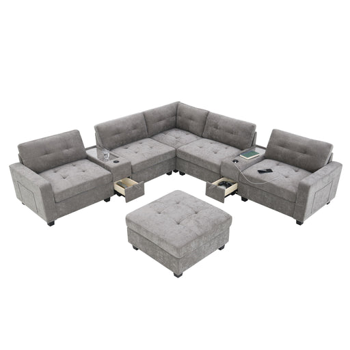 Sectional With Acrylic Table Top U Shaped Couch Set With 2 Consoles USB Charger, Storage Drawers And Pockets Movable Ottoman Tufted Sofa - R&R Furniture Gallery (Fountain Valley, CA)