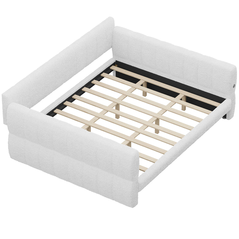 Dreamland upholstered storage platform bed with built-in USB charging ports, showcasing a modern headboard and spacious under-bed storage.