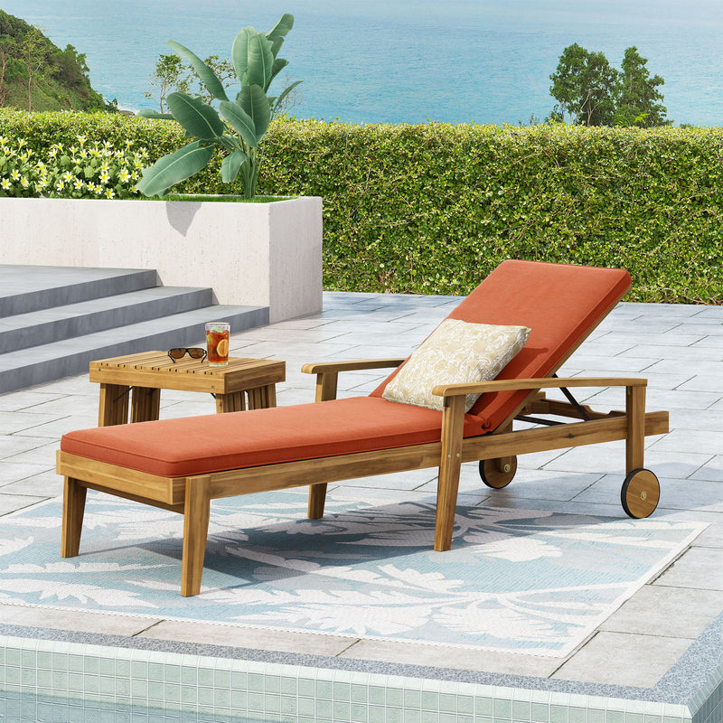 Noble House Jason chaise lounge made of adjustable acacia wood for outdoor relaxation and comfort.