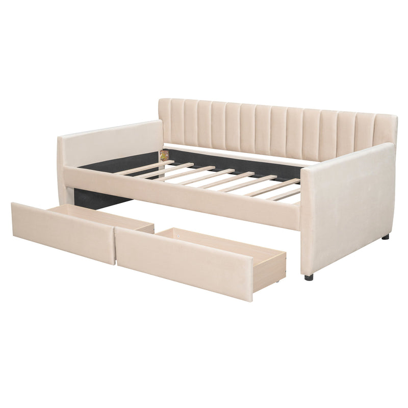 DreamHaus upholstered daybed with slat support, featuring a storage bed design and plush fabric for comfortable lounging.