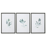 Set of three framed watercolor sage prints by Uttermost featuring white backgrounds, perfect for wall decor.