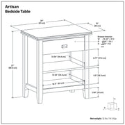 Handcrafted Simpli-Home Artisan bedside table with a wooden finish, featuring a single drawer and open shelf for bedroom storage.