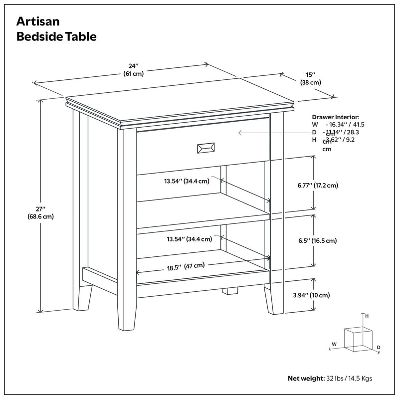 Handcrafted Simpli-Home Artisan bedside table with a wooden finish, featuring a single drawer and open shelf for bedroom storage.
