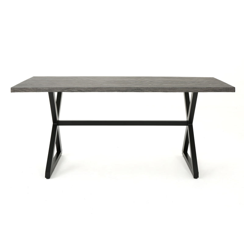 Noble House Rolando outdoor aluminum dining table with steel frame, shown in a modern patio setting