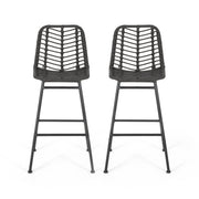Noble House Sawtelle outdoor wicker barstools set of 2 with woven rattan seats and sturdy metal frames for patio seating.